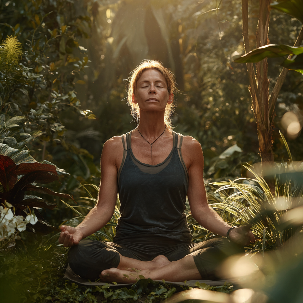 Peaceful woman in her 40s practicing morning yoga meditation in a serene natural setting with soft lighting, wearing comfortable yoga attire, surrounded by plants