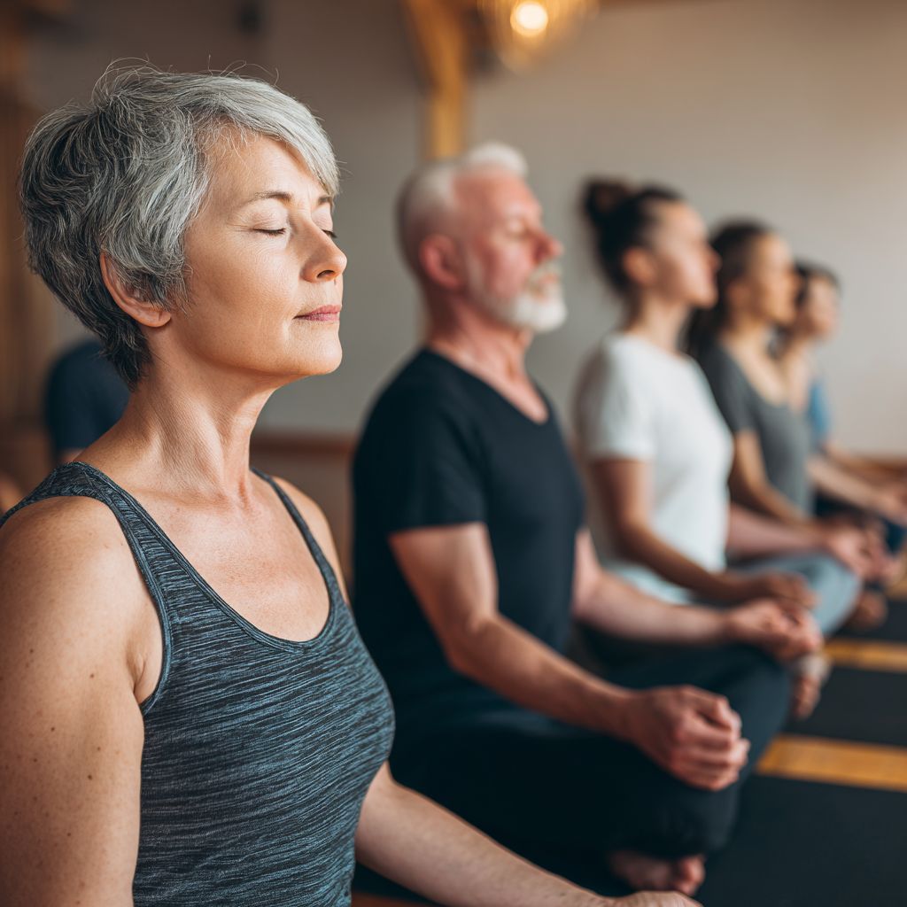 Diverse group of Ukrainian adults aged 25-60 practicing yoga together in a bright studio space, showing various yoga poses with peaceful expressions, natural lighting